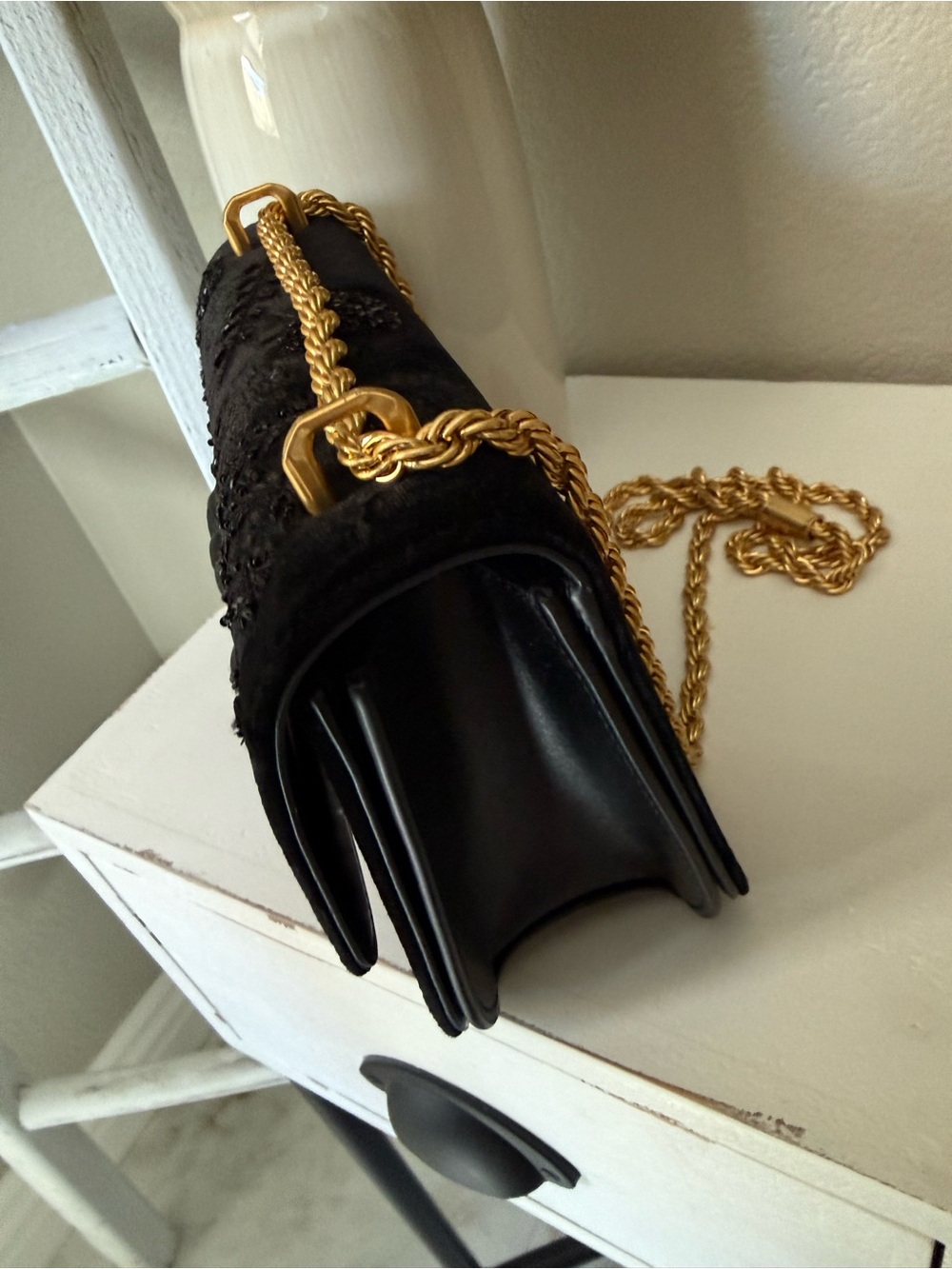RARE Tory Burch Black Velvet Embroidered Chain Crossbody - Picture 4 of 9